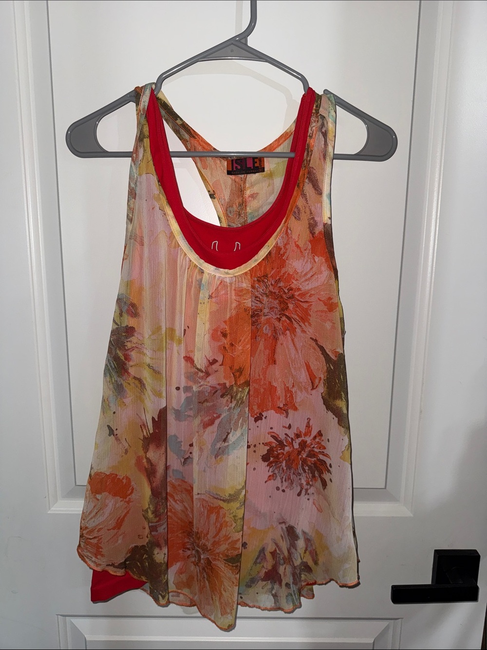 Floral Orange Layered Chiffon Camisole with Red Trim